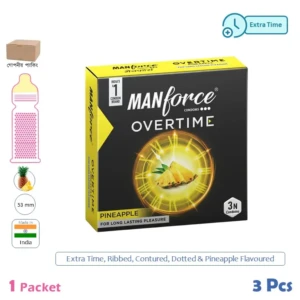 CSKU100719 Manforce Overtime Long Lasting, Dotted, Ribbed & Contoured Pineapple Flavoured Condom 1 Pack (3 Pcs)